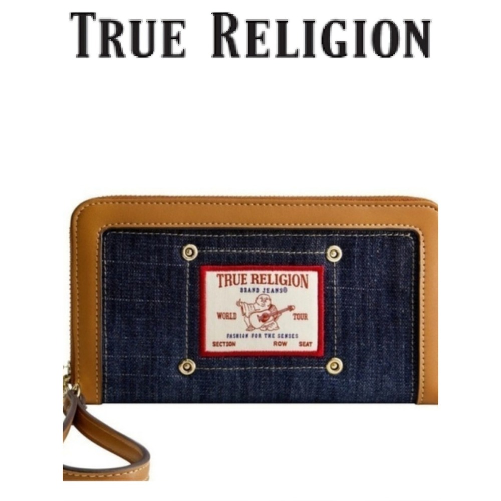 True Religion Buddha Patch Zip Around Wristlet- Dark Denim